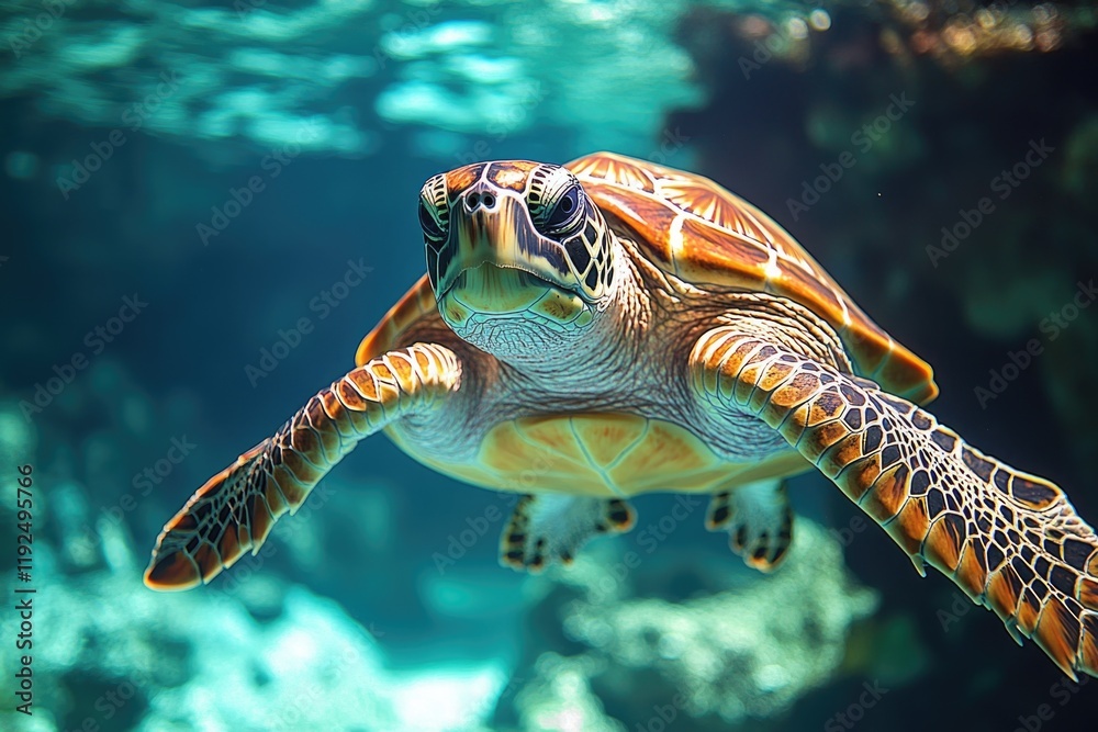 Poster a turtle swims in the water with its mouth open, a natural behavior for this reptile