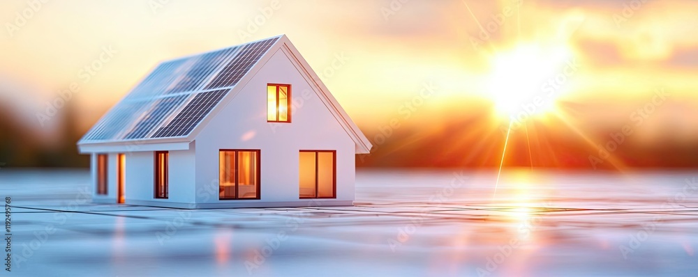 Poster architect blueprint idea. a modern house with solar panels illuminated by the warm glow of sunset.