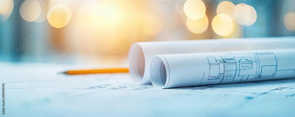 Aufkleber Architect blueprint idea. Blueprints and architectural plans rolled on a table with a soft background light.