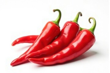 Three vibrant red chili peppers, glossy, isolated , cayenne, heat, vibrant