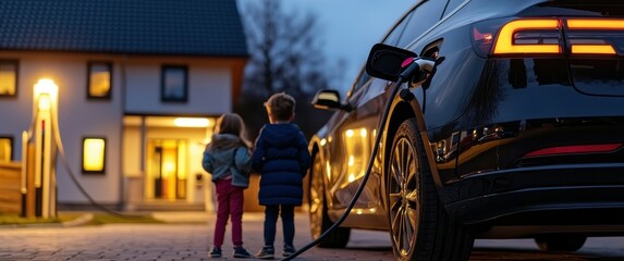 Obraz premium Two children by an electric car at dusk near a house.