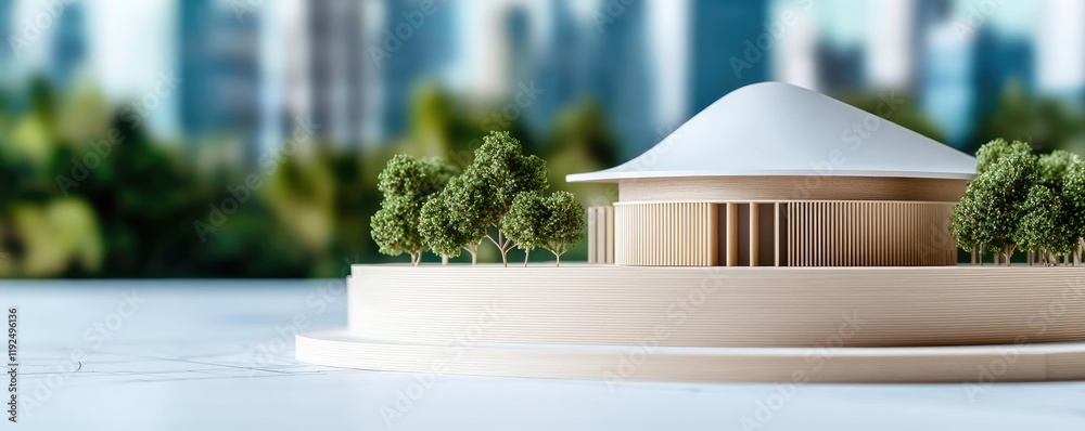 Poster Architect blueprint idea. Architectural model showcasing modern design with greenery and urban background.