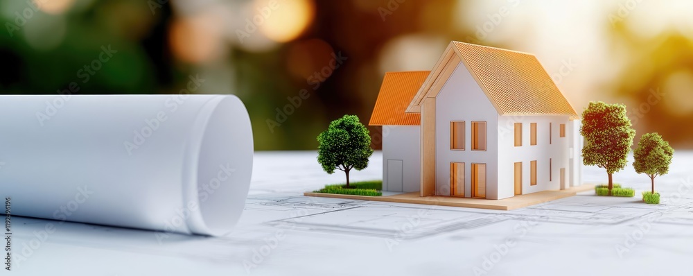 Poster Architect blueprint idea. Miniature house model on blueprint with focus on construction and design elements.