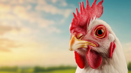 close up of rooster with vibrant feathers and striking features, showcasing its bright red comb and wattles against scenic background. image captures essence of farm life and nature beauty