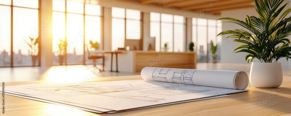 Poster architect project idea. bright office space with architectural plans and a green plant on the table.