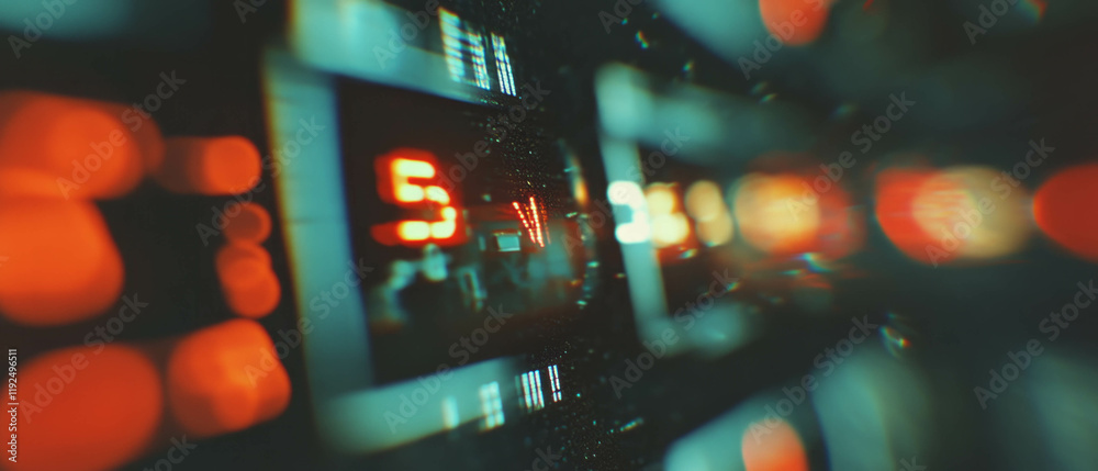 Poster retro film countdown overlay with flickering light and vibrant numbers in a dark setting