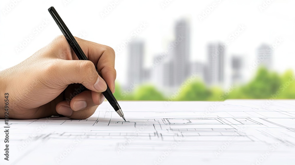 Poster architect blueprint idea. a hand drawing architectural plans with a city skyline in the background.