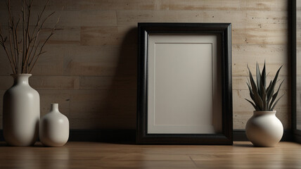 AI generative. 3d render of blank black frame mockup design minimal with  wood and beige atmosphere. 7