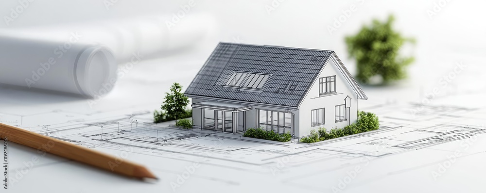 Poster architect project idea. a model house placed on architectural blueprints, showcasing modern design e