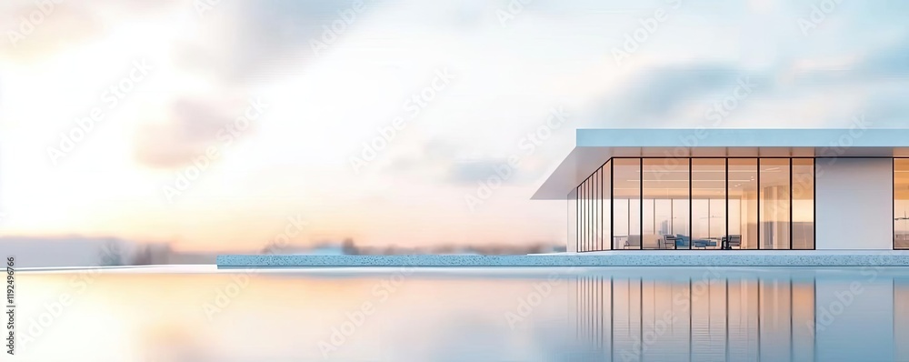 Poster Architect blueprint idea. Modern architectural design with a sleek structure and serene water reflection.