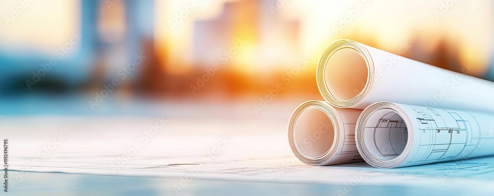 Poster Architect blueprint idea. Blueprints rolled up on a surface with soft bokeh background showcasing architectural design.