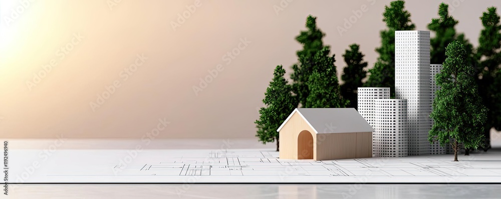 Poster Architect project idea. A modern architectural model featuring trees and structures in a serene environment.