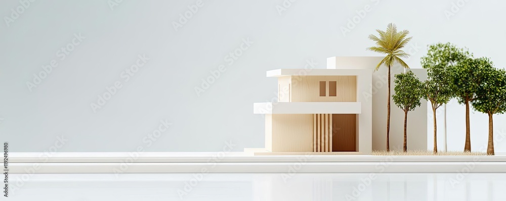 Poster architect project idea. modern architectural design featuring a minimalist house with surrounding gr