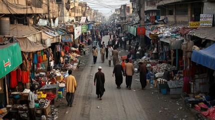 Fototapeta premium A market operating amidst heaps of waste, vendors selling goods alongside scavengers searching for anything of value