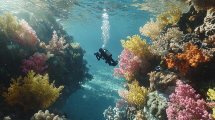 Exploring vibrant coral reefs while scuba diving in clear tropical waters during daylight hours
