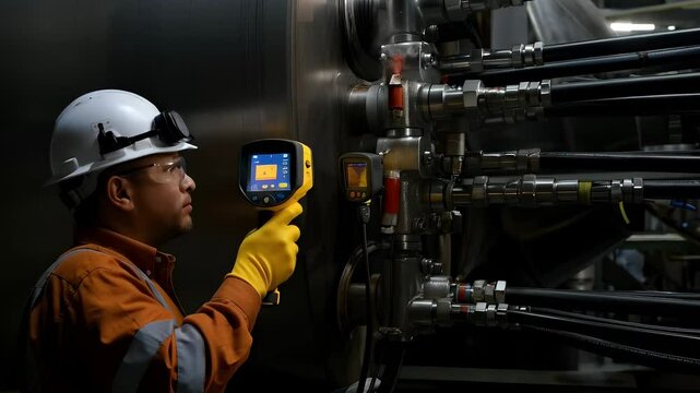 Industrial worker performs heat inspection with precision thermal detector to identify energy losses and equipment malfunctions. Emphasis on accuracy and preventive maintenance.