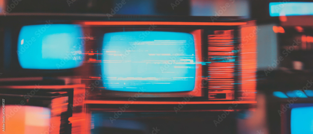 Poster Retro VHS static overlay with distorted television display effects in vivid colors