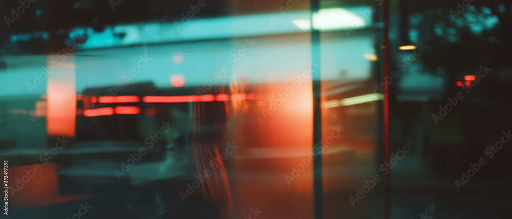 Poster urban evening glow reflected in glass with retro vignette and soft focus details