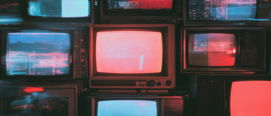 Retro VHS static overlays on vintage televisions in a dark room create a nostalgic atmosphere