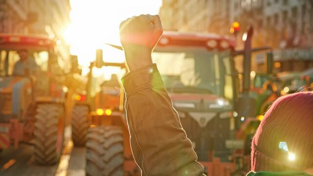 Tractor strike: dynamic video showcasing a farmer's demonstration with raised fists, a megaphone, and agricultural machinery, representing rural unrest and the pursuit of agricultural justice 