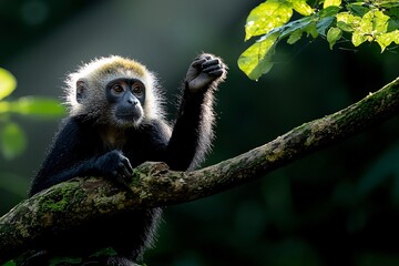 Fototapeta premium Animal Environmental Sciences Technology concept. A monkey perched on a branch in a sunlit forest, raising its hand as if to greet, surrounded by lush green leaves.