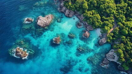 Obraz premium Serene tropical landscape with turquoise waters and lush green islands under a bright blue sky