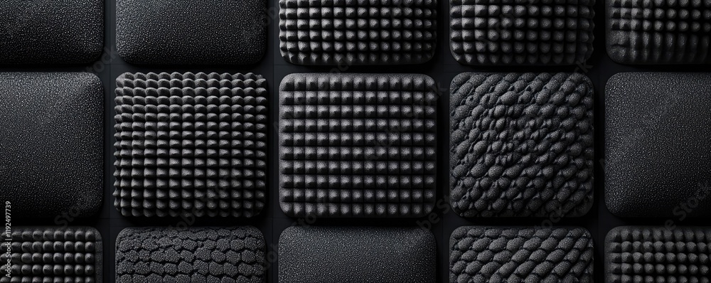 Poster Studio absorber concept. A collection of textured black surfaces showcasing various patterns and designs.