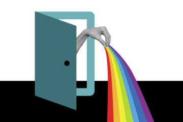 Trend artwork composite photo collage of incognito person bodyless hand appear from open door hold in finger rainbow lgbt free love like