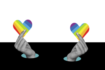 Trend artwork composite photo collage of incognito person bodyless hand appear open hold in finger heart rainbow lgbt free love like