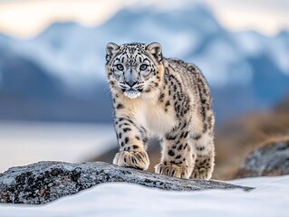 Obraz premium Animal Environmental Sciences Technology concept. A snow leopard walks gracefully over rocky terrain, set against a backdrop of snowy mountains and a serene landscape.