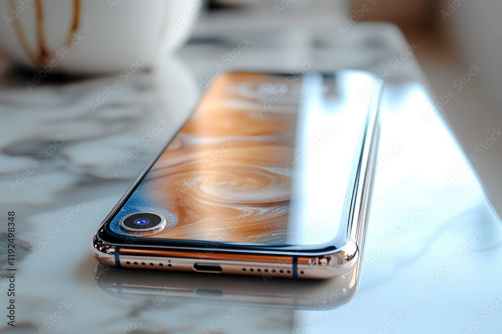 Poster A close-up view of a cell phone on a table, perfect for showcasing device details or technology-themed designs