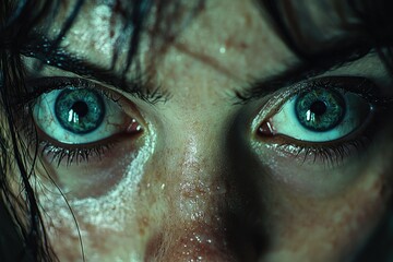 A close-up shot of a woman's tearful eyes, conveying sadness and emotional distress
