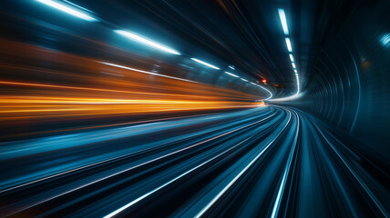 Obraz premium Subway train in a tunnel. Smooth lines background design. Glowing waves poster. The motion effect of a car moving at high speed. Digital photo illustration. AI artwork.