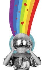 Trend artwork composite photo collage of young lady incognito person headless wear disco ball hold in hand dance rainbow lgbt heart love
