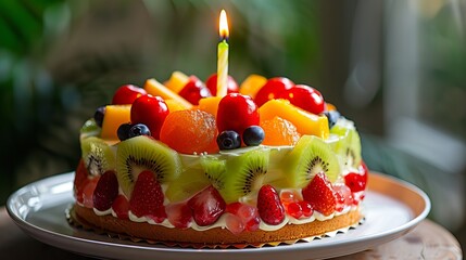 Delicious fruit cake with colorful birthday candles for a celebration party

