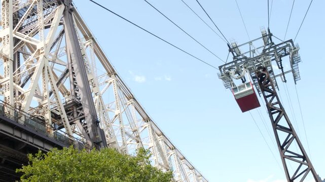New York City Roosevelt Island tramway to Manhattan Midtown. American aerial cable tram near Queensboro Bridge. Urban public passenger transport, USA. Transportation and architecture in United States.
