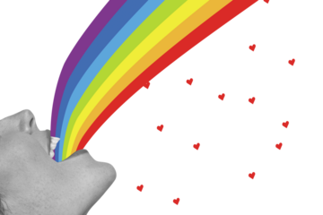 Trend artwork sketch composite photo collage of young happy lesbian lady open mouth huge rainbow appear heart rain love feeling free