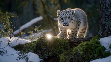 Fototapeta premium Animal Environmental Sciences Technology concept. A snow leopard stealthily moves through a snowy forest, illuminated by soft light, showcasing its unique fur and natural habitat.