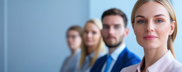 Obraz premium A confident businesswoman stands out in a professional setting, flanked by colleagues, emphasizing teamwork and leadership in a corporate environment.