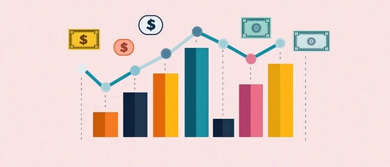 A colorful graph depicting financial growth, featuring bars and dollar signs, representing economic data and trends.