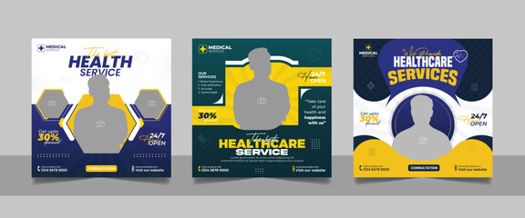 Medical healthcare service social media post doctor consultation square banner, hospital clinic diagnostic center business promotion design web template set