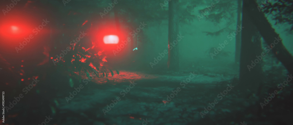 Poster mysterious forest setting with glowing highlights and retro halation effects