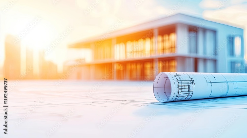 Poster Architect blueprint idea. Architectural blueprint rolled out on a table with modern building in the background.