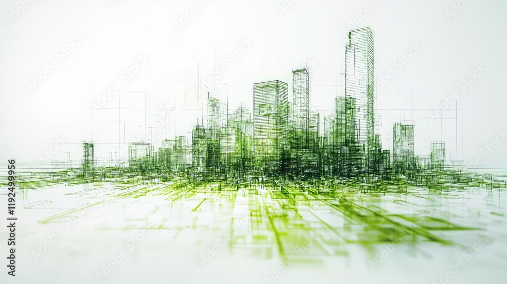 Poster Architect sketching concept. A futuristic cityscape design with green elements and innovative architecture concepts.