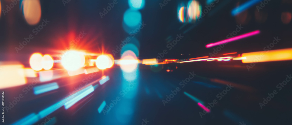 Poster retro light leaks and lens flares create dynamic visual effects in a vibrant city setting at night
