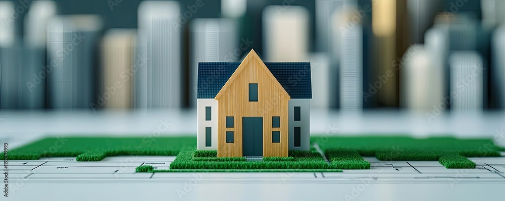 Poster Architect project idea. Model house on blueprint with city skyline background showcasing architectural design.
