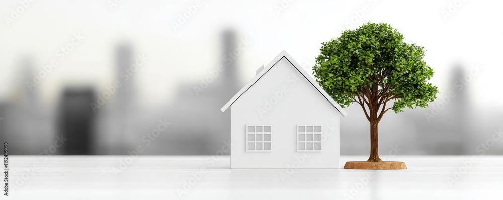 Poster architect project idea. a minimalistic house model next to a small tree against a blurred city skyli