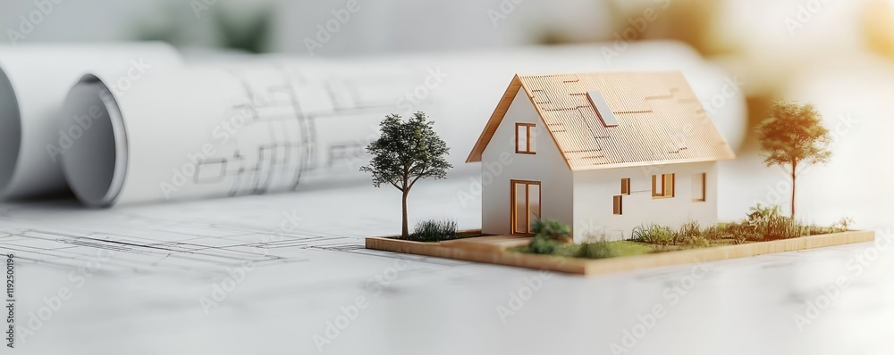 Poster Architect project idea. A scale model house on architectural blueprints, symbolizing construction and design.
