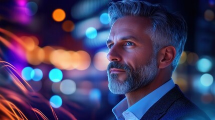 Confident Executive with Stylish Beard in Vibrant Abstract Light Setting