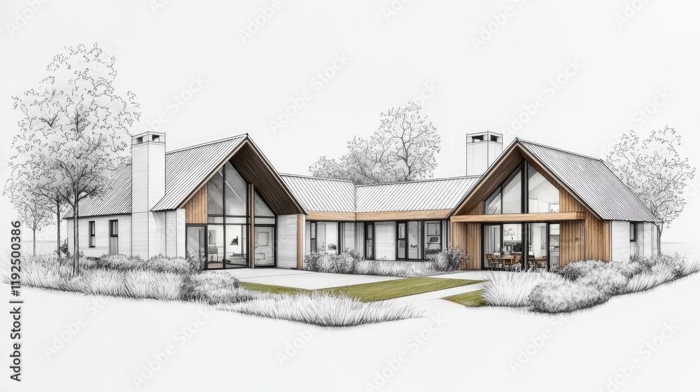 Poster architect sketching concept. a modern architectural sketch of a stylish residential house with elega
